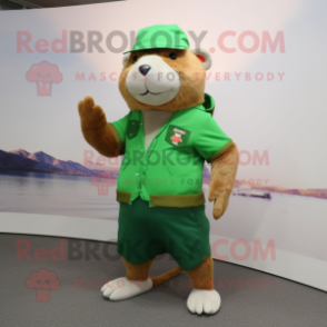 Green Capybara mascot costume character dressed with a Bermuda Shorts and Berets