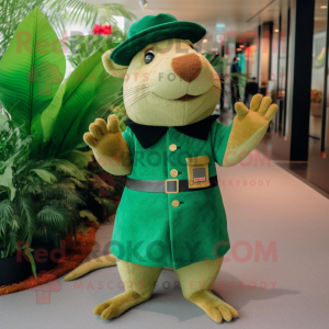 Green Capybara mascot costume character dressed with a Bermuda Shorts and Berets