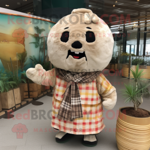Tan Dim Sum mascot costume character dressed with a Flannel Shirt and Keychains