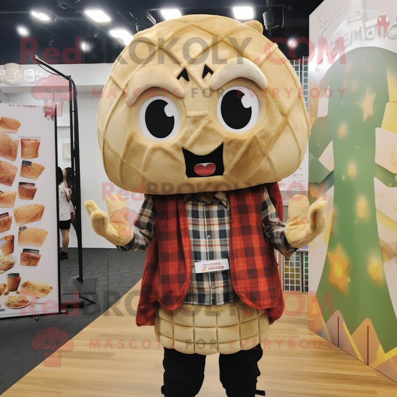 Tan Dim Sum mascot costume character dressed with a Flannel Shirt and Keychains Tan Dim Sum mascot costume character dressed with a Flannel Shirt and Keychains