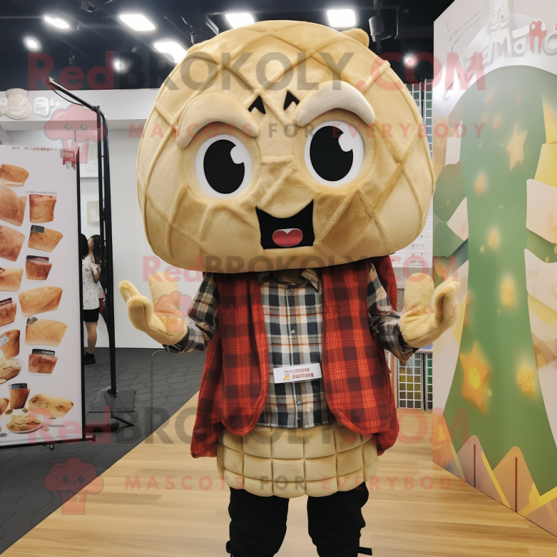 Tan Dim Sum mascot costume character dressed with a Flannel Shirt and Keychains