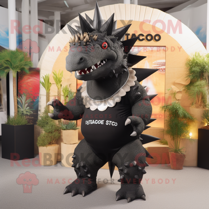 Black Stegosaurus mascot costume character dressed with a Waistcoat and Anklets Black Stegosaurus mascot costume character dressed with a Waistcoat and Anklets