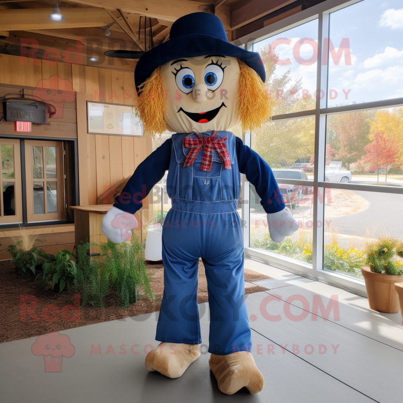 Navy Scarecrow mascot costume character dressed with a Mom Jeans and Bow ties Navy Scarecrow mascot costume character dressed with a Mom Jeans and Bow ties