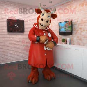 Red Cow mascot costume character dressed with a Empire Waist Dress and Digital watches