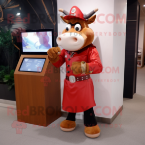 Red Cow mascot costume character dressed with a Empire Waist Dress and Digital watches