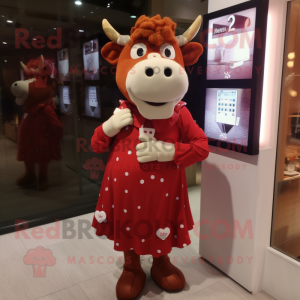 Red Cow mascot costume character dressed with a Empire Waist Dress and Digital watches