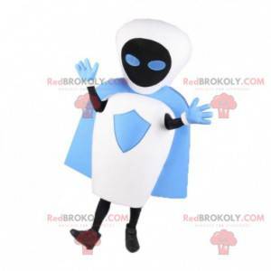 Robot mascotte bianco nero e blu con un mantello -