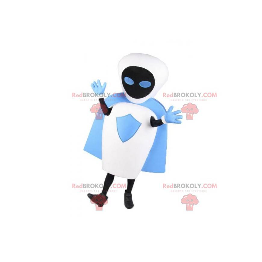 Mascotte de robot blanc noir et bleu avec une cape -