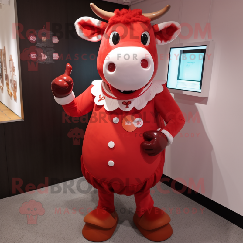 Red Cow mascot costume character dressed with a Empire Waist Dress and Digital watches