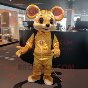 Gold Mouse mascot costume character dressed with a Henley Shirt and Backpacks