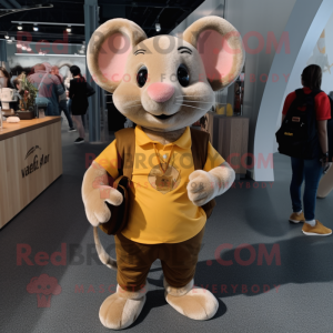 Gold Mouse mascot costume character dressed with a Henley Shirt and Backpacks