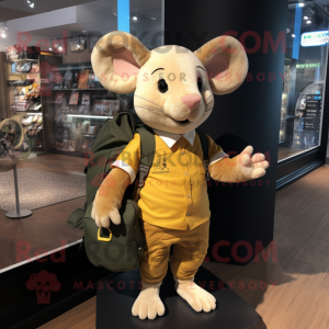 Gold Mouse mascot costume character dressed with a Henley Shirt and Backpacks