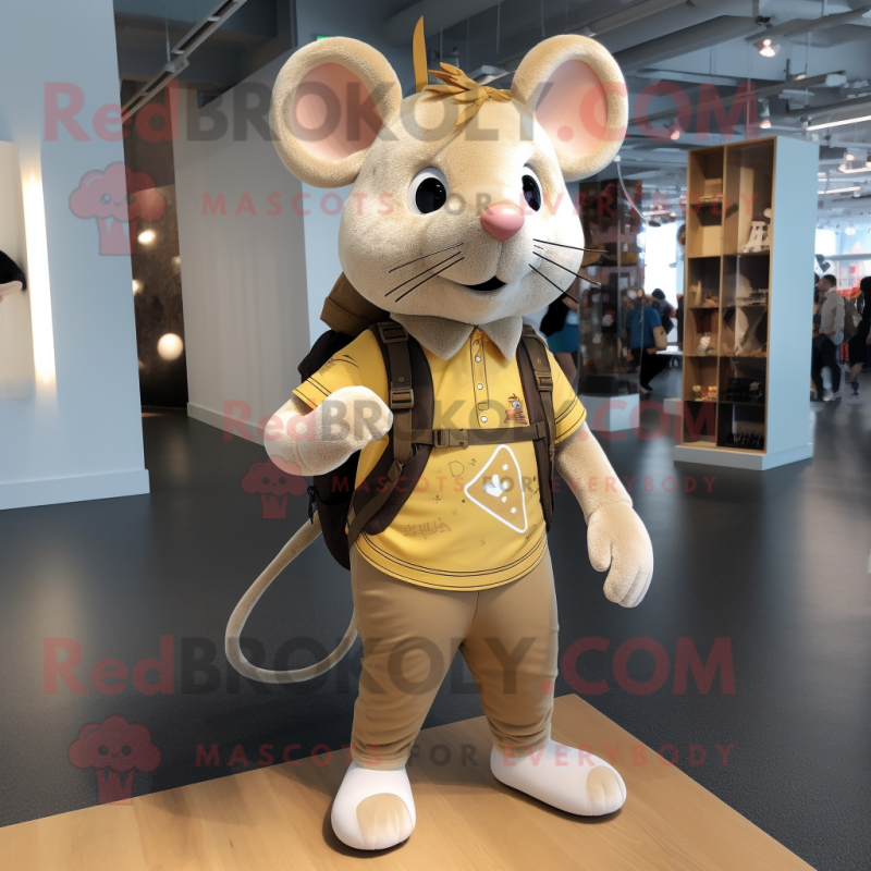 Gold Mouse mascot costume character dressed with a Henley Shirt and Backpacks