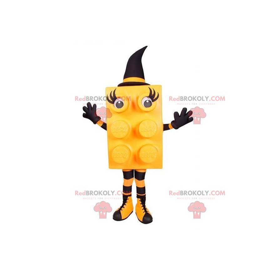 Mascote de moeda lego laranja e preto com um chapéu -