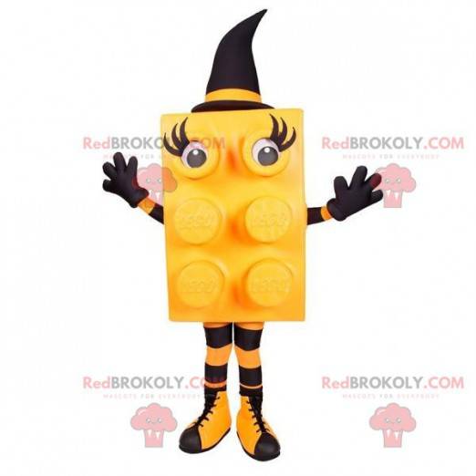 Mascotte moneta lego arancione e nera con un cappello -