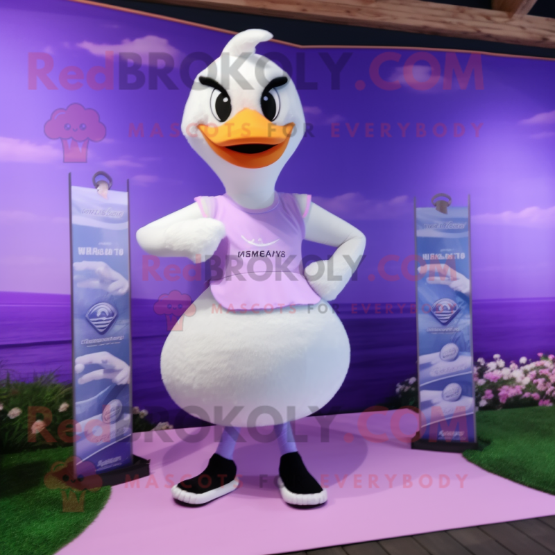 Lavender Swan mascot costume character dressed with a Yoga Pants and Keychains Lavender Swan mascot costume character dressed with a Yoga Pants and Keychains