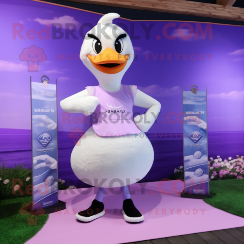 Lavender Swan mascot costume character dressed with a Yoga Pants and Keychains