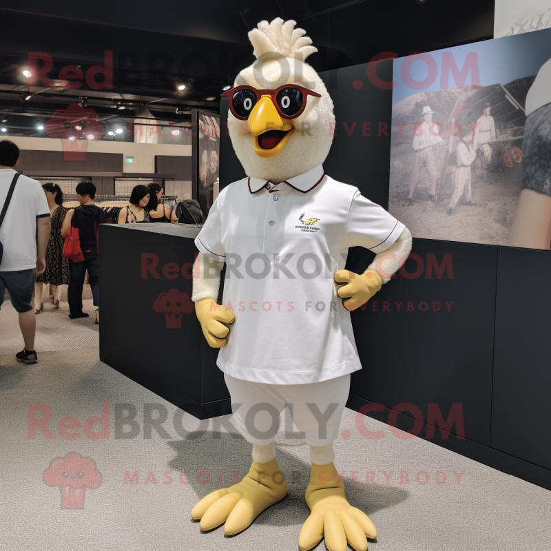 Cream Rooster mascot costume character dressed with a Polo Shirt and Eyeglasses