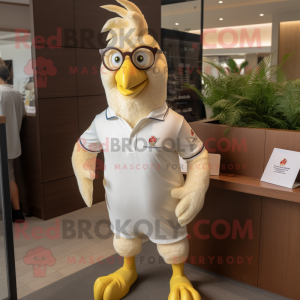 Cream Rooster mascot costume character dressed with a Polo Shirt and Eyeglasses