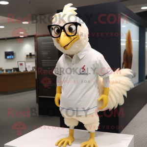 Cream Rooster mascot costume character dressed with a Polo Shirt and Eyeglasses