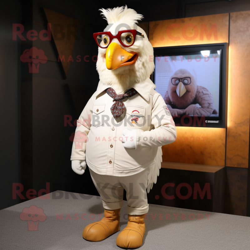 Cream Rooster mascot costume character dressed with a Polo Shirt and Eyeglasses