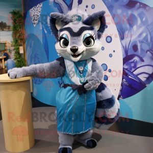 Blue Civet mascot costume character dressed with a Shift Dress and Headbands