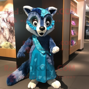 Blue Civet mascot costume character dressed with a Shift Dress and Headbands