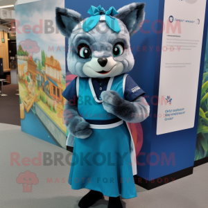 Blue Civet mascot costume character dressed with a Shift Dress and Headbands