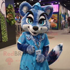 Blue Civet mascot costume character dressed with a Shift Dress and Headbands