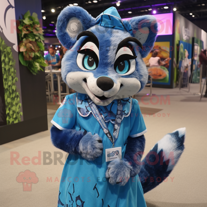 Blue Civet mascot costume character dressed with a Shift Dress and Headbands Blue Civet mascot costume character dressed with a Shift Dress and Headbands