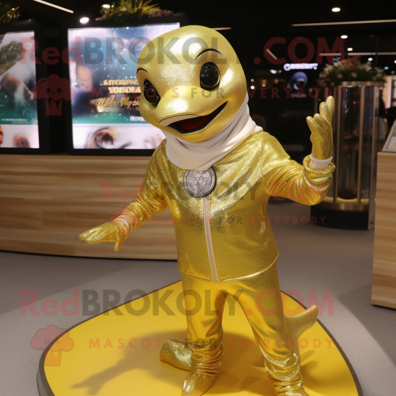 Gold Dolphin mascot costume character dressed with a Jumpsuit and Necklaces Gold Dolphin mascot costume character dressed with a Jumpsuit and Necklaces