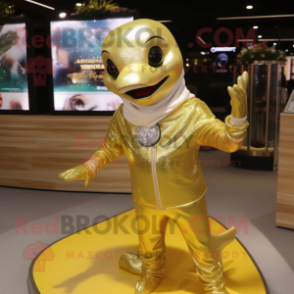 Gold Dolphin mascot costume character dressed with a Jumpsuit and Necklaces
