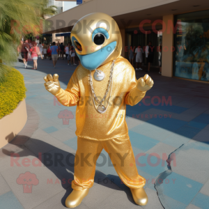 Gold Dolphin mascot costume character dressed with a Jumpsuit and Necklaces