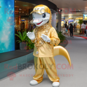 Gold Dolphin mascot costume character dressed with a Jumpsuit and Necklaces