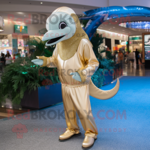 Gold Dolphin mascot costume character dressed with a Jumpsuit and Necklaces