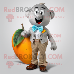 Silver Mango mascot costume character dressed with a Cargo Shorts and Bow ties
