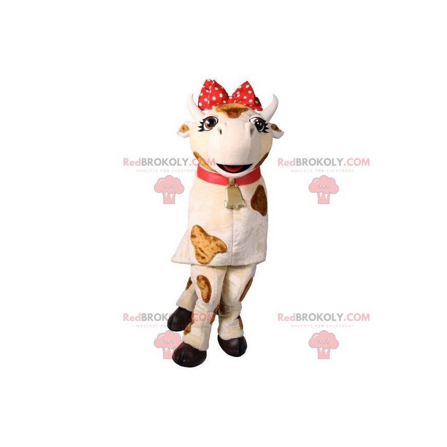 Mascot vaca blanca y marrón con un lazo rojo - Redbrokoly.com