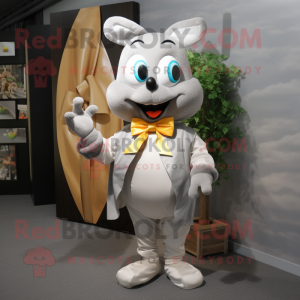 Silver Mango mascot costume character dressed with a Cargo Shorts and Bow ties