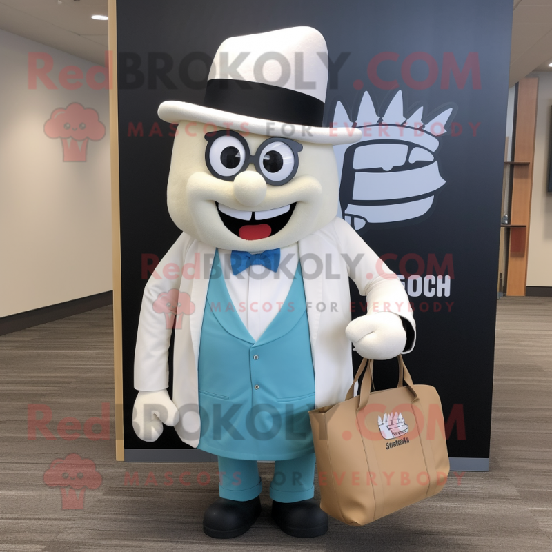 White Clam Chowder mascot costume character dressed with a Blazer and Tote bags