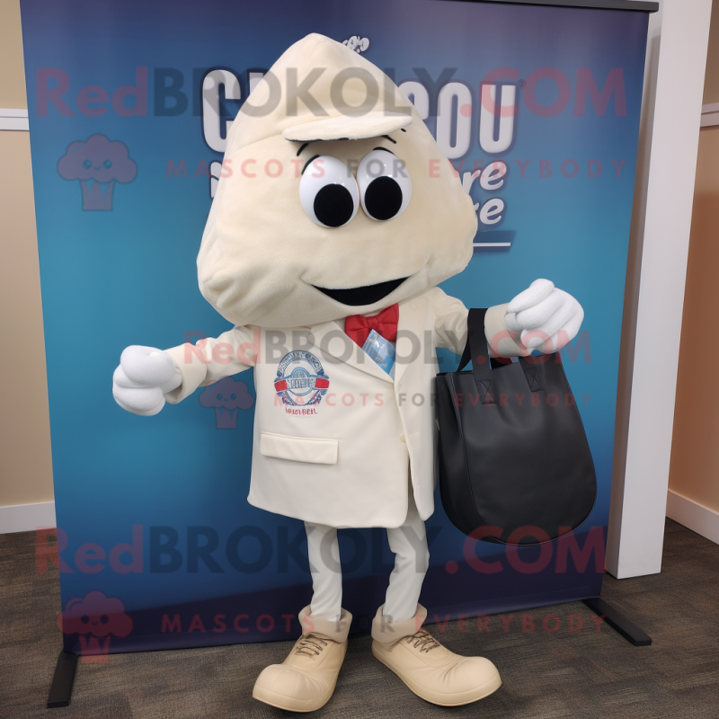 White Clam Chowder mascot costume character dressed with a Blazer and Tote bags