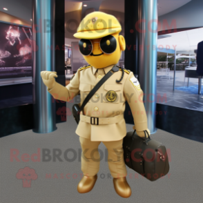 Gold Marine Recon mascot costume character dressed with a Suit Pants and Handbags