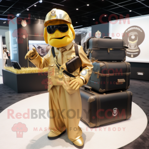 Gold Marine Recon mascot costume character dressed with a Suit Pants and Handbags