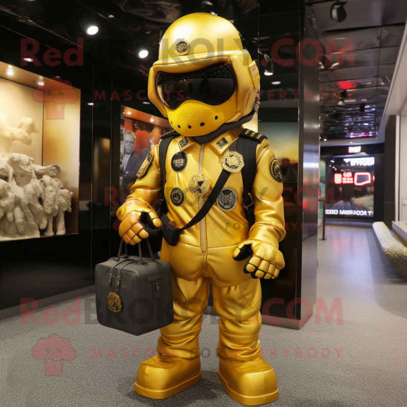 Gold Marine Recon mascot costume character dressed with a Suit Pants and Handbags