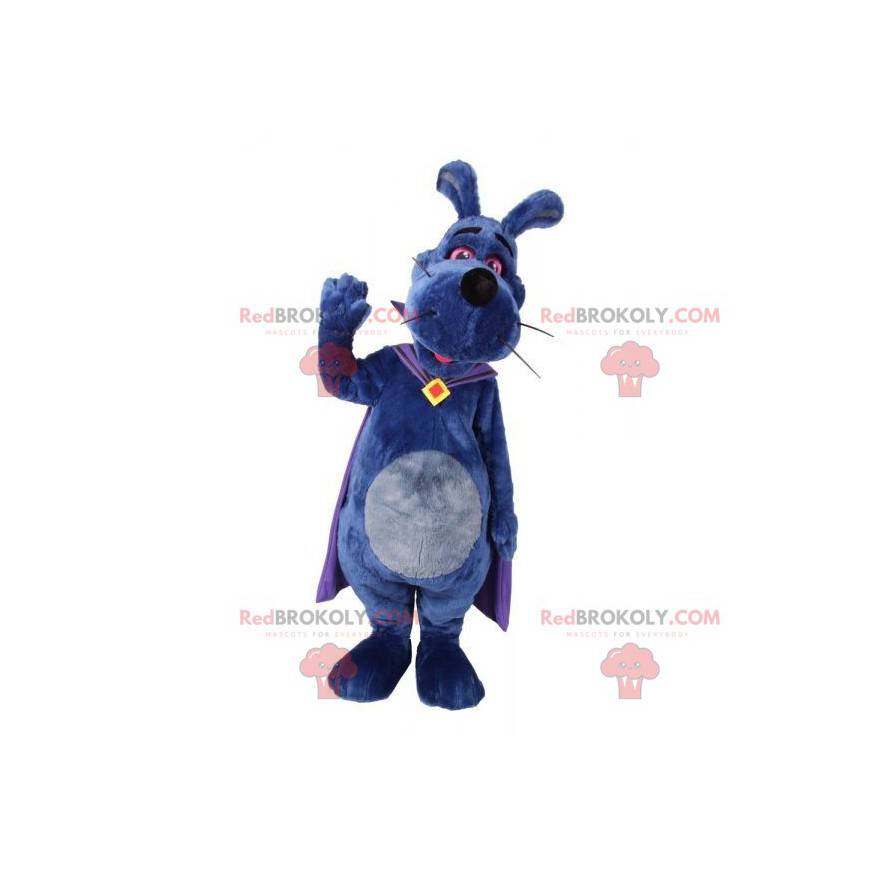 Fialový psí maskot s pláštěm. Králík maskot - Redbrokoly.com