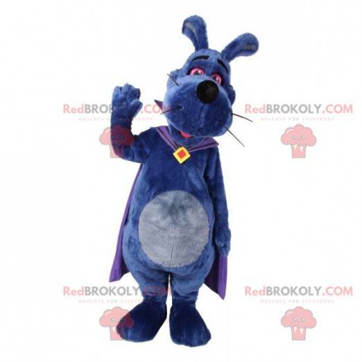 Mascotte cane viola con un mantello. Mascotte di coniglio -
