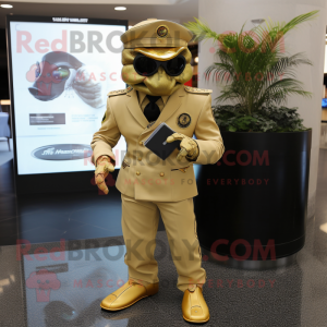 Gold Marine Recon mascot costume character dressed with a Suit Pants and Handbags