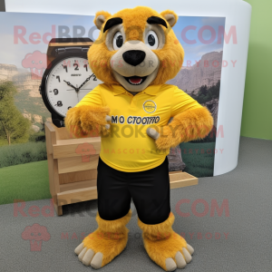 Yellow Marmot mascot costume character dressed with a Polo Tee and Bracelet watches