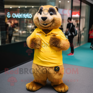Yellow Marmot mascot costume character dressed with a Polo Tee and Bracelet watches