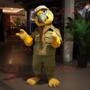 Gold Parrot mascot costume character dressed with a Cargo Pants and Scarf clips