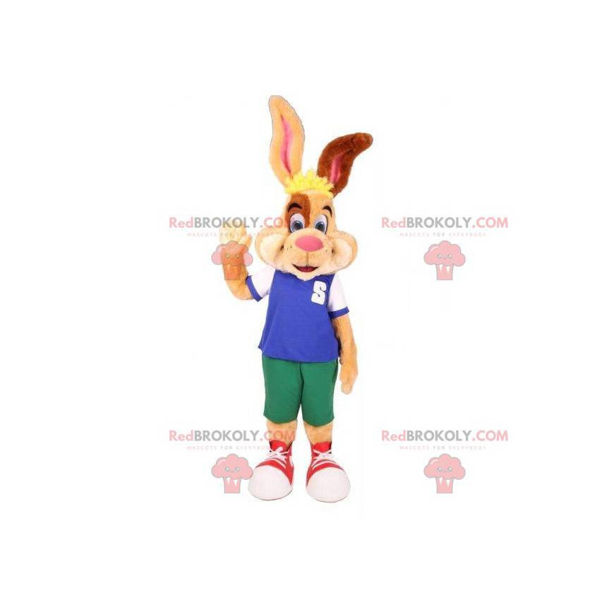 Brown and white beige rabbit mascot with a colorful outfit -